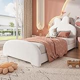 Luxeza Einzelbett Polsterbett, Bettkopf in Hasenohrenform, einfach, stilvoll und bequem, Cartoon niedlich Stil, Vliesimitat, Weiß, 90x200cm