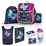 OXY BAG Schulranzen 8 TLG Premium Schmetterling Motiv Ergonomische Schulrucksack Set Sportbeutel Federmappe Kunstponcho Trinkflasche Snackbox Schulset mädchen für 1. - 3. Klasse Back to School