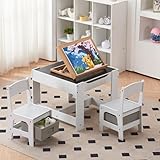 LEADZM Kindertisch mit 2 Stühlen, Kindertisch Maltisch für Kinder 3tlg Kindersitzgruppe aus Holz Kinder Tisch Stuhl Set Malttisch Tischplatte mit Tafel… (Grau)