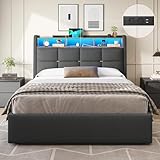 DICTAC Polsterbett 140x200 mit Hydraulisch Stauraum,Steckdosen und LED Beleuchtung Bettgestell 140X200 mit Lattenrost und Bettkasten Doppelbett 140x200 mit USB-Anschlüssen und Kopfteil,Dunkelgrau