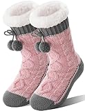 Welwoos Damen Kuschelsocken Stoppersocken Warme Rutschsichere Dicke Hausschuhe Socken Winter Hüttensocken Flauschig Geschenk Weihnachtssocken (Grau Rosa)
