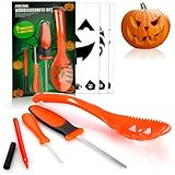 com-four® 13-teiliges Kürbis Schnitz-Set für Halloween - Schneide-Werkzeuge zum Aushöhlen von Kürbissen - Messer, Löffel, Stift und Schablonen (orange ohne LED)