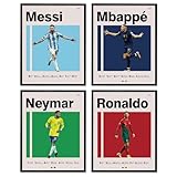 A ART·ZONE Fußball Plakate 8x10 Zoll Leinwanddrucke Ungerahmter Satz von 4 - Messi, Ronaldo, Mbape und Neymar Berühmter Fußball Superstar Poster Sport Dekor Wandkunst für Jungen Schlafzimmer