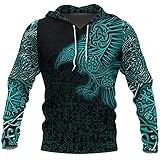 TQWSVUM Herren Viking Rune Odin Crow Printed Full Zip Hoodie, Nordischer Mythos Mjolnir Thors Hammer Tattoos Pullover Jacke, Unisex Mittelalterliche Vintage Langarm Sweatshirts