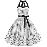 IMEKIS Damen Vintage Cocktailkleid Ärmellos Neckholder 1950er Polka Dots Retro Rockabilly Swing Kleid A Linie Faltenrock Knielang Hochzeit Festlich Abendkleid Ballkleid Weiß M