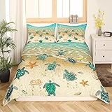 Grün Meeresschildkröte Tröster Abdeckung Ozean Hawaii Strand Tropische Bettwäsche,Schildkröte Meer Wellen Bettbezug Seestern Shell Küste Kreatur Quilt Cover Nautische Meerestier Zimmer Dekor 135x200