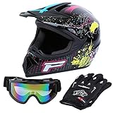 Samger DOT Erwachsene Off Road Helm Motocross Helm Dirt Bike ATV Motorrad Helm Handschuhe Brille (Schwarz, M)