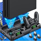 HELLCOOL PS4 Vertical Stand mit Lüfter, All-in-One PS4 Vertikaler Standfuß Ständer Halter Lüfter für Playstation 4/PS4 Pro/PS4 Slim, PS4 Controller Ladesation und 16 Spiele Lagerung