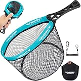THKFISH Kescher Gummiert, Faltbarer Watkescher mit ABS Griff, Tragbares Forellen Kescher, Fliegenfischen Angelkescher, Fangen und Freigeben, M/L (L-Blau)