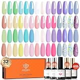 Modelones 32Pcs Uv Nagellack Set, 28 Farben Gel Nagellack Set mit mit Base Coat, Matte& Glossy& Glitter Top Coat, Macaron Farben für Frühlings und Sommer, Nagellack Gellack Set für Nagel Design