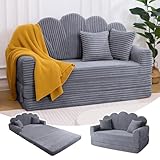IRONCK Schlafsofa 2-Sitzer Sofa mit Schlaffunktion Boneless Sofa Bed aus Cord & Schaum, Sofabett 153x267cm, Klappbar Schlafcouch, 2 Kissen & Seitentaschen, Bettsofa für Wohnzimmer Schlafzimmer, Grau