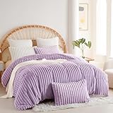 Covebett Plüsch Bettwäsche 200x220 Lila Violett Uni Winter Warm Shaggy Cashmere Touch Flauschig Plüschbettwäsche Set Gestreift Felloptik Wende Bettbezug Reißverschluss und 2 Kissenbezug 80x80 cm