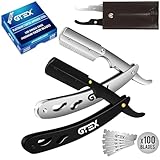 GTEX Rasiermesser mit 100 Premium GTEX Rasierklingen & Ledertasche - 2 Rasiermesser Herren (Schwarz und Silber) 100 Rasierklinge - Straight Razor Rasierer Herren Bartmesser Ustura