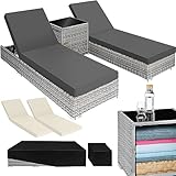 tectake 2er Lounge Sonnenliegen Set Plus Tisch – inkl. 2 Bezugsets und Schutzhülle, Outdoor Poly Rattan Gartenmöbel Set, 2X Gartenliege wetterfest - hellgrau