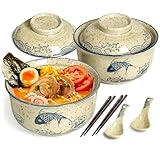 HLWDXno1 Ramen Schüssel Set aus Löffel und Essstäbchen, 2 x 800ml Japanische Ramen Bowl mit Deckel Keramik Suppenschalen Porzellan Geschirr - Fisch