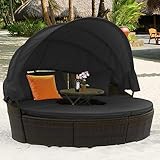 GIANTEX Sonneninsel Liegeinsel mit faltbarem Sonnendach, Rattan Lounge Gartenmuschel Outdoor, Sonnenliege Gartenliege Set rund φ192 cm, Gartenlounge inkl. Kissens & höhenverstellbarem Couchtisch