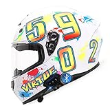 Bluetooth-Motorradhelme Für Erwachsene, Kratzfester Sonnenschutz-Visier-Integralhelm, Männer-Frauen-Motorrad-DOT/ECE-Zugelassener Helm, Moped-Street-Bike-Rennhelm Mit Grafik,White a,XL