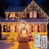 DBFAIRY 4M Lichternetz Außen Weihnachten, 196 LED Stern Lichternetz mit 11 Modi Stecker, Lichterkette Netz mit Fernbedienung Timer Wasserdicht für Eaves Balkone Dekor-Warmweiß & Mehrfarbig
