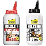 UHU Holzleim Express Flasche, Universeller und besonders schnell trocknender Weißleim - für alle üblichen Holzarten und -verklebungen, 750 g & Holzleim Original Flasche, Universeller Weißleim, 750 g