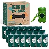 Eco Paws 315 unparfümierte Kotbeutel für Hunde mit Spender - Auslaufsichere und extra dicke Hundekotbeutel - Extra lang (33 x 22,9 cm) 21 Hundekotbeutel Rollen