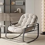 BLSYHDH Schaukelstuhl FüR Drinnen & DraußEn,Rattan Schaukelstuhl mit Seitentaschen Rattan Loungesessel Mit Klappbarer Pedal Schaukelsessel Garten GroßEr SchaukelstuhL Relaxsessel (Beige+Leinen)