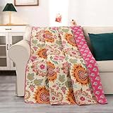 Qucover Tagesdecke 140x200 Bettüberwurf, 100% Baumwolle Tagesdecke Bunt, Zweiseitige Tagesdecken Boho Stil für Einzelbett, Wendedecke, Wohndecke Sofadecke Sofaüberwurf mit Sonnenblumen-Muster