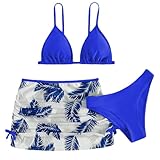 Mädchen-Badeanzug, 3-teilig, Blumendruck, Bikini-Set mit Röcken, zum Surfen, Strand, dunkelblau, 6-9 Years