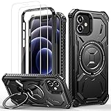 Lanhiem für iPhone 12/12 Pro Hülle mit 2 Stück Schutzfolie, 360 ° Ring Ständer Schutzhülle, Militärischer Stoßfest Handyhülle für iPhone 12/12 Pro Case, Schwarz