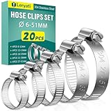 20 Stück 6-51mm Schlauchschellen Set, Leryati Schlauchschelle 304 Edelstahl Schellen, Schlauchklemme Kein Schlauchbinder Sortiment Mini Hose Clamp für Pool, Waschmaschine, Teich und Garten - 5 Size