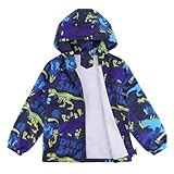 LACOFIA Jungen Wasserdichte Jacke Kinder Wasserabweisend Schule Übergangsjacke mit Kapuze und Gefüttert Leichte Outdoor Regenjacke für Kinder Blauer Dinosaurier 134/140 (Etikett 10)