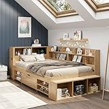 Kinderbett,Stauraumbett, Holzbett,90*200 cm, Einzelbett, multifunktionales Kinderbett mit ausziehbarer Nachttisch Schubladen, Regal und Stauschrank, großer Stauraum, Lattenrost, ohne Matratze, Natur