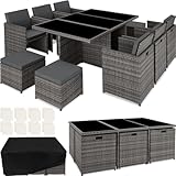 tectake Polyrattan Gartenmöbel Set, Sitzgruppe mit 6 Stühle +1 Glasplatte Tisch + 4 Hocker, Gartenlounge Set klappbar, für bis zu 10 Personen, Balkon Möbel, inkl. Schutzhülle und 2 Bezugsset - grau