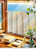 Jeeman Halbdurchsichtige Gardine Kurzgardine mit Stickerei Blumenmuster Fenstergardine Landhausstil Scheibengardinen Café Vorhang Küchengardinen mit Tunnelzug Beige HxB 60x180cm 1 Stück