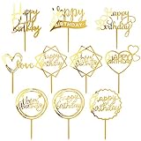 MOGADEE® 10 Stück Goldenes Happy Birthday Tortendeko Set, Acryl Glitter Cupcake Topper, Girlande Herze Sternen Cake Topper, Kuchen Deko für Mädchen, Kinder, Hochzeit, Mutter (Goldenes)