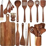 Briwooody 18-teiliges Küchenutensilien-Set aus Holz mit Halter, Schneidebrett, Holzspatel, Holzlöffel, Lebensmittelzange, Schneebesen und Zubehör für die Küche