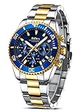 HANPOSH Herren Uhr Uhren Herren Chronographen Edelstahl Wasserdicht Armbanduhr Herren Quarz Uhren mit Datum Business Casual Uhr für Männer (A01-Silber Gold Blau)