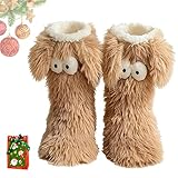 Muffle Friends Cozy Socks Damen Winter Warm Fuzzy Rutschfeste Hausschuhsocken mit niedlichen großen Augen Dicke Fleece Fuzzy Floor Lange Socken, braun, Einheitsgröße