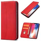 OKZone Kompatibel mit Samsung Galaxy A10 Hülle, Magnet Leder Tasche Handyhülle, Kartenfächer Schutzhülle, [Premium PU Leder] Flip Klappbare Stoßfeste Magnetische Standfunktion (Rot)