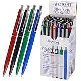 Westcott Kugelschreiber ALLTIME Mix 50 Stück | Vorteilspack Druckkugelschreiber mit blauer Tinte | Strichstärke M mit X20 Standardmine | Dokumentenecht ISO 12757-2 | Stabiler Metallclip | E-737487 00