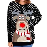 GirlzWalk Erwachsene Unisex Frauen Männer Rudolph 3 D Bommel Nase Weihnachten Neuheit Pullover Sweatshirt Winter Gr. 32, Schwarz