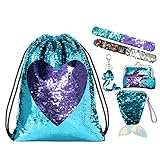 Wodasi Mermaid Pailletten Kordelzug Rucksack Glitzernde, Pailletten Tasche Mädchen Meerjungfrau Pailletten Tasche Kordelzug Pailletten mit Slap Armbänder für Mädchen, Kinder (Blau + Lila)