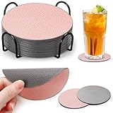 Gucass 12er Untersetzer aus Leder, Doppelseitigen Glas Untersetzer Gläser, Glasuntersetzer Set mit Halter, Tischuntersetzer Lederoptik-untersetzer Grau+Rosa