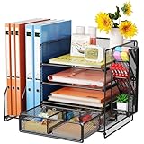 Casavibe Schreibtisch Organizer mit Aktenhalter - 5-Tier Briefablage Ablagefächer mitSchublade,4 Stithalter, Schreibtisch-Aufbewahrung, Zeitschriftenhalter fürBürobedarf (schwarz)