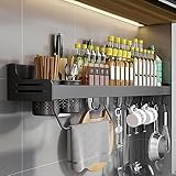 Tielag Gewürzregal Wand, Metall Gewürzregal ohne Bohren, Gewürzregal Hängend, Gewürzhalter Organizer Hängend, Küchenregal Wand mit Messerschlitz, Haken, Becher, Küchenregal Wand für Gewürze