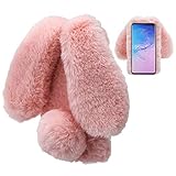 LCHDA Plüsch Hülle verträglich mit Samsung Galaxy A15 5G Flauschige Hasen Fell Kaninchen Pelz Niedlich Hasenohren Mädchen Süße Handytasche Stoßfest Schützend TPU Silikonhülle - Rosa