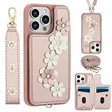 Ykerey Hülle für iPhone 12/12 Pro mit Band Leder Handy Hülle mit Kartenfach Handykette Schutzhülle Kordel Umhängeband Lanyard Kunstleder TPU Ledertasche für iPhone 12/12 Pro, Rosa