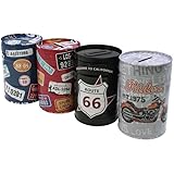 jameitop® $ 4er Set USA SPARDOSE 12 cm Blech Nicht zu öffnen Dose Sparen Blechdose Route 66 Motorrad U.S Nummernschild