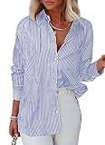 Homlan Bluse Damen Langarm Streifen Business Casual Oberteil V-Ausschnitt Arbeit Hemd Locker Knöpfleiste Hemdbluse (8230Large, Blau)