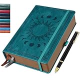 HwxBen Notizbuch (14.5 x 21 cm) Liniert – Tagebuch mit 360 Seiten, PU Leder Hardcover im Vintage Sonne & Mond Design – Ideal als Geschenk für Familie und Freunde – – Seegrün, mit Stift.