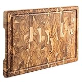 Erreke Schneidebrett Holz, Holzbrett Küche, End Grain Teakholz 44cm Lang, Schneidebrett Holz Gross mit Auffangschale Hirnholz Dicke 3.2 cm, Käse Brot Hackbretter 44 x 29.5 x 3.2 cm (Saftrille)